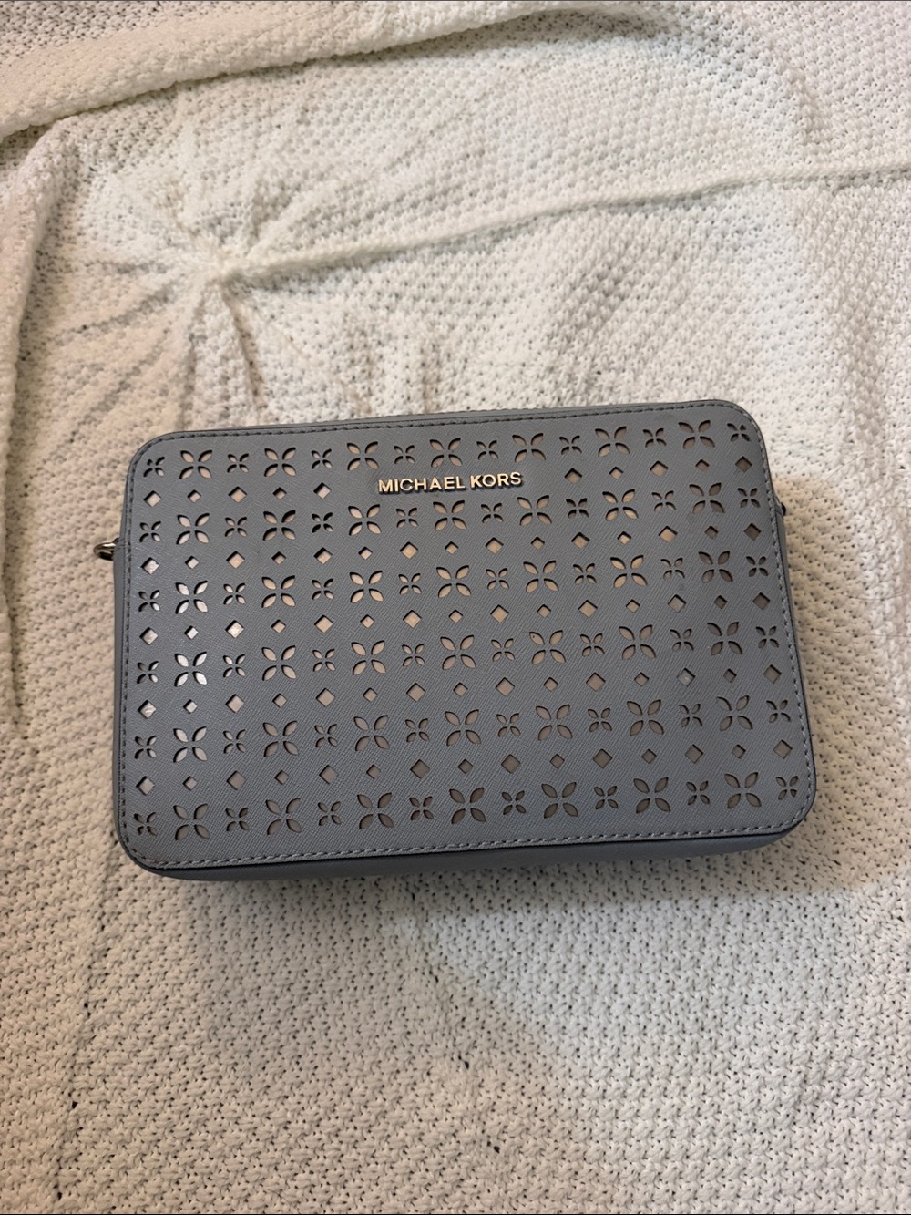 Michael Kors Perforated Leather Cosmetic Case in Gray with Gold Logo
